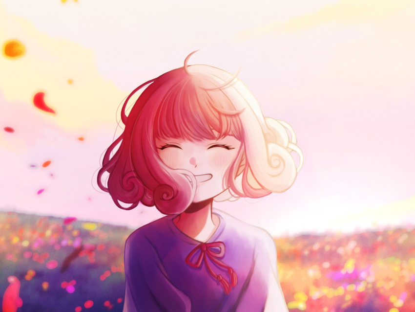 1girl ^_^ ahoge blurry blurry_background closed_eyes commentary_request facing_viewer highres lou_(shadows_house) neck_ribbon outdoors peru_(do_pperu_genga) petals red_ribbon redhead ribbon shadows_house short_hair sidelighting smile solo upper_body wind