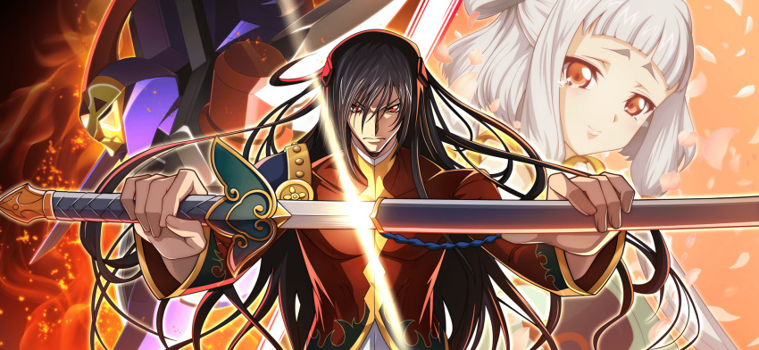 1boy armor artist_request blunt_bangs child code_geass code_geass:_lost_stories covered_collarbone fire game_cg grey_hair hair_between_eyes hair_ornament hands_up happy highres holding holding_sheath holding_sword holding_weapon li_xingke long_hair long_sleeves looking_at_viewer mecha non-web_source official_art petals raised_eyebrows red_eyes red_shirt robot serious sheath shen_hu_(code_geass) shirt shoulder_armor sidelocks skin_tight smile split_theme standing straight-on sword tears tianzi unsheathing upper_body v-shaped_eyebrows very_long_hair weapon