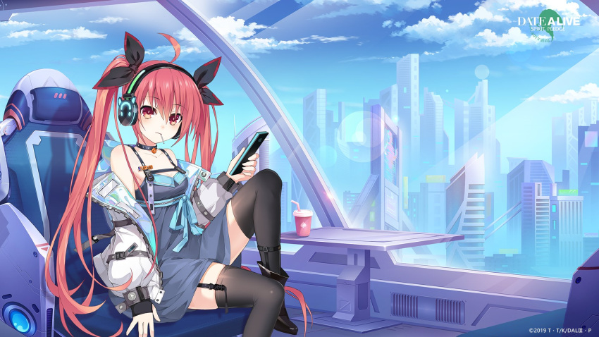 1girl ahoge blue_dress blue_sky breasts building can candy cellphone chair clouds cup date_a_live date_a_live:_spirit_pledge disposable_cup dress drinking_straw food garter_straps headphones highres itsuka_kotori jacket lollipop looking_at_viewer official_alternate_costume official_art phone red_eyes redhead sitting sky small_breasts smartphone solo twintails white_jacket