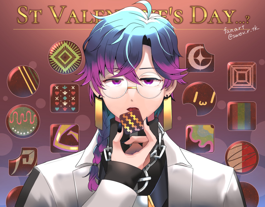 1boy beatmania_iidx black_nails black_shirt blue_hair braid braided_ponytail brown_background chain_necklace chocolate coat commentary_request dr._phi eating fingernails food glasses gradient_hair hair_between_eyes hair_over_shoulder half-closed_eyes highres holding holding_food jewelry lab_coat long_bangs long_hair long_sleeves looking_at_viewer male_focus mitarashi_tsukune multicolored_hair necklace open_mouth parted_bangs pink_hair rimless_eyewear round_eyewear shirt single_braid solo tongue tongue_out twitter_username upper_body violet_eyes white_coat