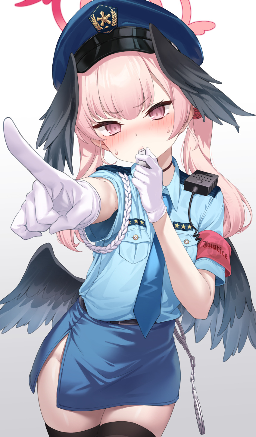 1girl :t absurdres alternate_costume black_thighhighs black_wings blowing_whistle blue_archive blue_hat blue_shirt blue_skirt blush closed_mouth collared_shirt cowboy_shot dress_shirt feathered_wings foreshortening gloves hair_between_eyes halo hand_up hat head_wings highres hip_vent holding holding_whistle index_finger_raised koharu_(blue_archive) long_hair miniskirt nose_blush pencil_skirt pink_eyes pink_hair pink_halo pizza_(pizzania_company) police police_hat police_uniform policewoman shiny_skin shirt short_sleeves side_slit simple_background skirt solo sweat thigh-highs tsurime twintails uniform v-shaped_eyebrows whistle white_background white_gloves wings zettai_ryouiki