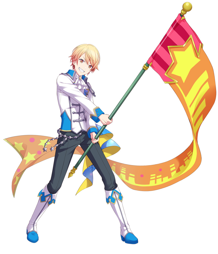 1boy ascot blonde_hair boots flag full_body gradient_hair grey_pants grin highres holding holding_flag looking_at_viewer male_focus multicolored_hair non-web_source official_art orange_eyes pants project_sekai redhead short_hair smile solo tachi-e tenma_tsukasa transparent_background white_ascot white_footwear