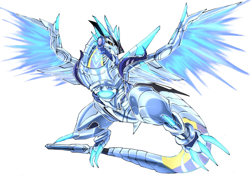 black_sclera colored_sclera commentary digimon digimon_(creature) dragon energy_wings fusion glowing highres matrixdragonn mechanical_parts mechanical_wings metallicdramon miraidon neon_trim non-humanoid_robot pokemon pokemon_(creature) robot robot_dragon simple_background solo white_background wings yellow_eyes