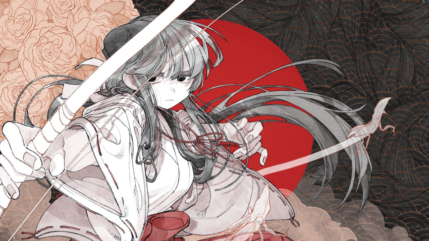 1girl :| aiming aiming_at_viewer black_background black_eyes black_hair blunt_bangs bow_(weapon) closed_mouth clouds eogo_(mopidona) fingernails floral_background frown hakama highres holding holding_bow_(weapon) holding_weapon inuyasha japanese_clothes kikyou_(inuyasha) kimono korean_commentary long_hair long_sleeves looking_at_viewer low_ponytail miko multicolored_background orange_background outstretched_arm red_background red_hakama ribbon-trimmed_sleeves ribbon_trim seigaiha serious shinidamachuu solo spirit upper_body weapon white_kimono wide_sleeves