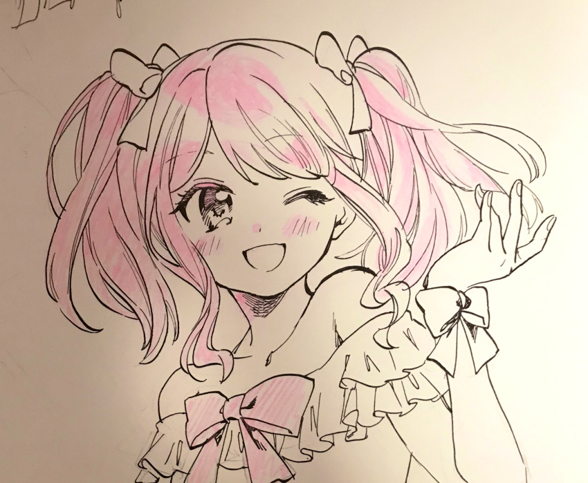 1girl bang_dream! bare_shoulders bow bowtie character_request collarbone commentary copyright_request eyelashes fingernails frilled_sleeves frills hair_bow highres light_blush lineart long_hair looking_at_viewer maruyama_aya no+bi= off-shoulder_shirt off_shoulder one_eye_closed open_mouth outstretched_hand photo_(medium) pink_bow pink_bowtie pink_hair shirt short_sleeves short_twintails smile solo spot_color traditional_media twintails upper_body wrist_bow