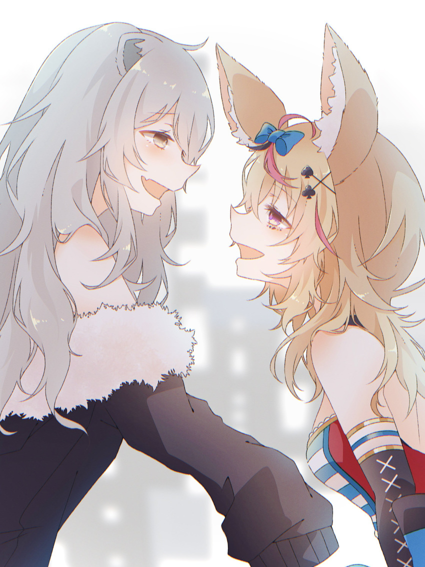 2girls absurdres ahoge animal_ear_fluff animal_ears black_gloves black_hair black_jacket blonde_hair blurry blurry_background commentary_request elbow_gloves eye_contact facial_mark fang fox_ears fox_girl from_side fur-trimmed_jacket fur_trim gloves grey_eyes grey_hair hair_ornament hairclip highres hololive jacket lion_ears long_hair looking_at_another moko_nplb multicolored_hair multiple_girls omaru_polka omaru_polka_(1st_costume) open_mouth pink_hair profile shirt shishiro_botan shishiro_botan_(1st_costume) sidelocks single_elbow_glove skin_fang sleeveless sleeveless_shirt sleeves_past_fingers sleeves_past_wrists smile streaked_hair upper_body violet_eyes virtual_youtuber x_hair_ornament
