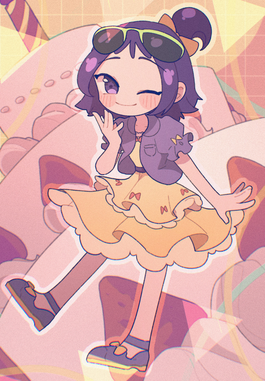 1girl ;) alternate_costume birthday_cake blush cake chinese_commentary closed_mouth commentary_request dress eyewear_on_head food fruit fukaro full_body hand_up highres jacket looking_at_viewer ojamajo_doremi one_eye_closed one_side_up purple_hair purple_jacket segawa_onpu shoes short_hair short_sleeves smile solo standing strawberry sunglasses violet_eyes yellow_dress