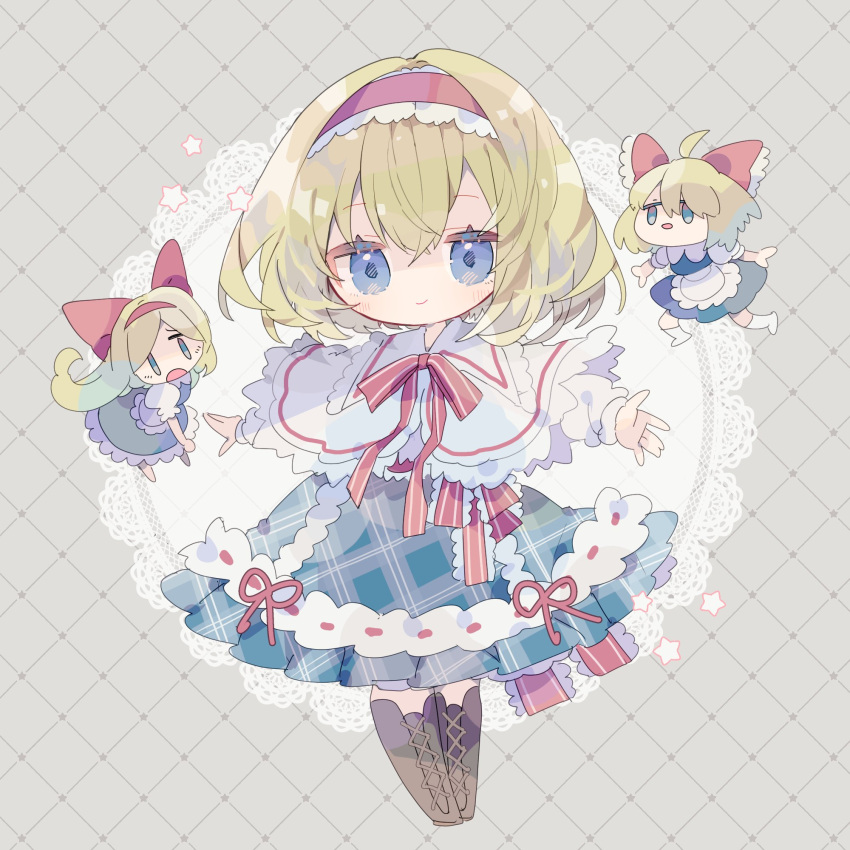 1girl alice_margatroid blonde_hair blue_dress blue_eyes boots brown_footwear capelet closed_mouth doily dress full_body grey_background hair_between_eyes hairband highres knee_boots lolita_hairband long_sleeves nikorashi-ka red_hairband shanghai_doll short_hair smile solo touhou white_capelet