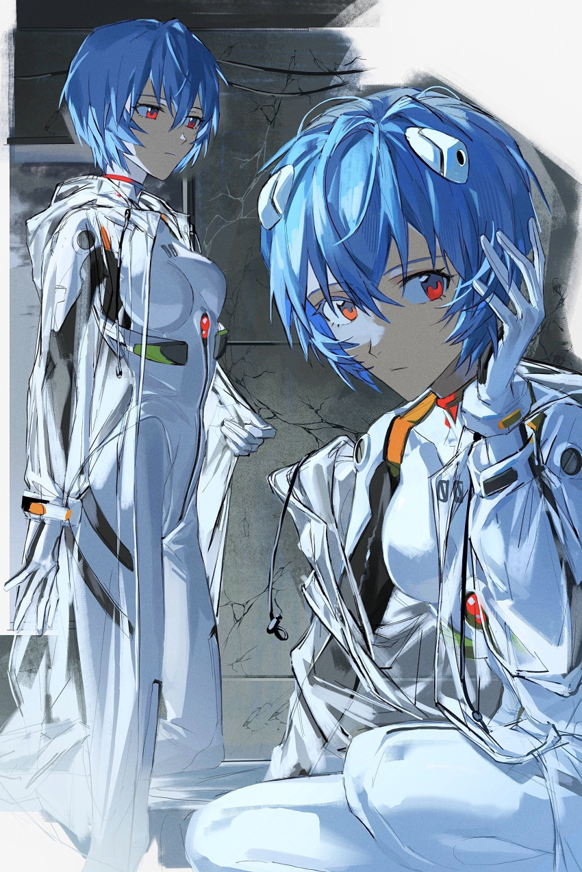 1girl absurdres ayanami_rei blue_hair breasts closed_mouth crack cracked_wall expressionless gloves hair_between_eyes hand_up highres interface_headset looking_at_viewer multiple_views neon_genesis_evangelion pilot_suit plugsuit red_eyes short_hair small_breasts solo squatting standing tokeru white_gloves