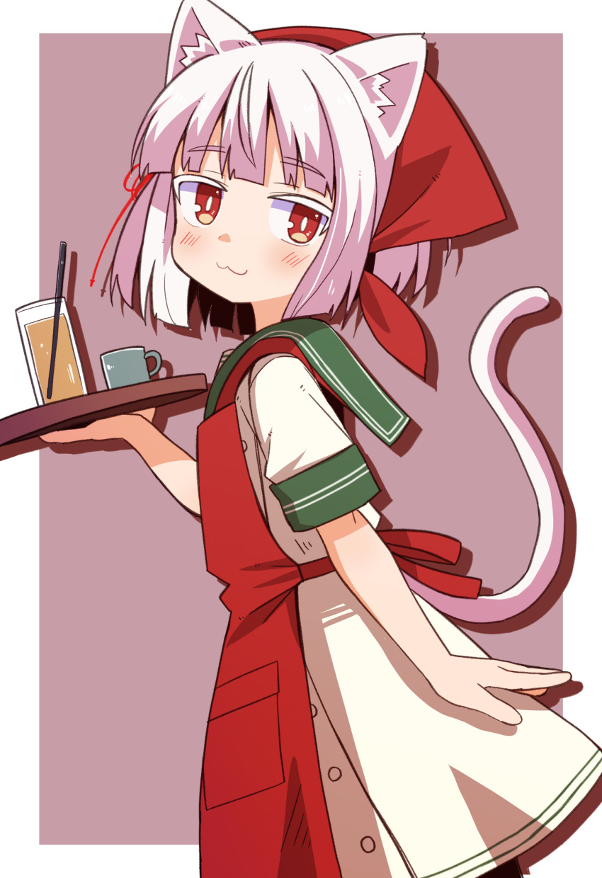 1girl :3 animal_ears apron bandana blunt_bangs cat_ears cat_girl cat_tail closed_mouth commentary_request cowboy_shot cup dress drinking_glass facing_to_the_side hair_ribbon highres holding holding_tray light_blush looking_at_viewer original red_apron red_bandana red_eyes red_ribbon ribbon shadow short_hair short_sleeves simple_background solo tail tray waitress white_dress white_hair white_tail yukinagi