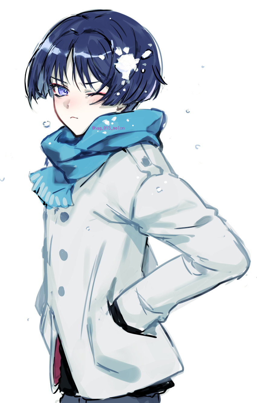 1boy absurdres artist_name blue_hair blue_scarf blunt_ends blush buttons choppy_bangs closed_mouth commentary_request dark_blue_hair eyeshadow frown genshin_impact hag_(hag_015) hair_between_eyes hands_in_pockets highres jacket long_sleeves looking_at_viewer looking_to_the_side makeup male_focus one_eye_closed parted_bangs red_eyeshadow scaramouche_(genshin_impact) scarf short_hair simple_background snow snowing solo standing twitter_username v-shaped_eyebrows violet_eyes wanderer_(genshin_impact) white_background white_jacket