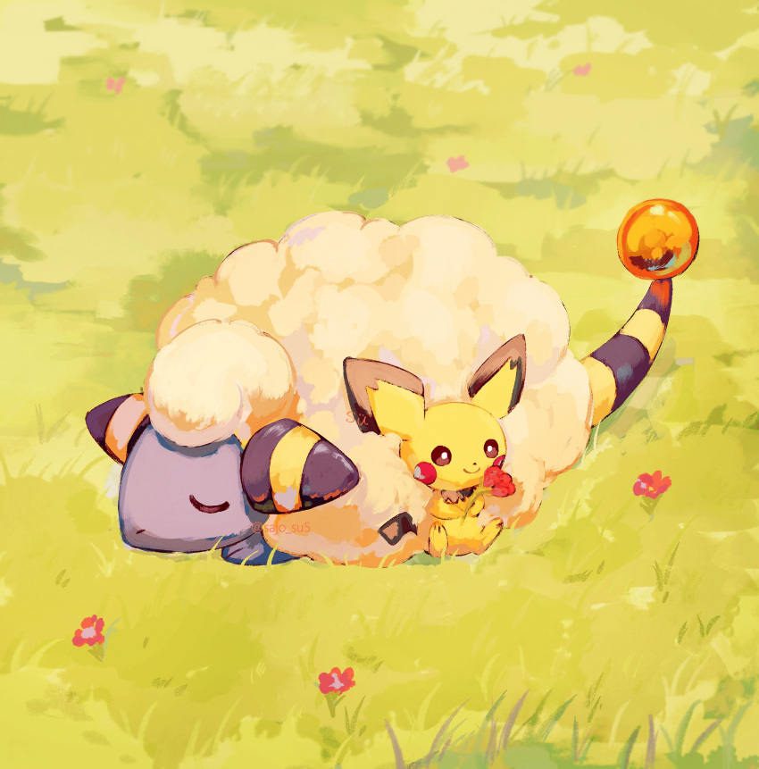 absurdres black_eyes blue_skin body_fur closed_eyes colored_skin flower fluffy highres holding holding_flower mareep nature no_humans on_grass outdoors pichu pokemon pokemon_(creature) sitting sleeping smile su_(sajo_su5) trait_connection yellow_fur