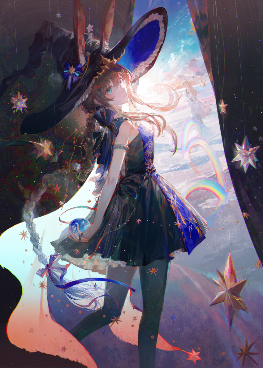 2girls absurdres ambience_synesthesia amiya_(arknights) animal_ears arknights back_bow black_bow black_dress black_hat black_pantyhose blue_bow blue_eyes blue_ribbon blue_sky bow brown_hair closed_mouth clouds commentary_request curtains daylightallure dress ears_through_headwear feet_out_of_frame frilled_headwear hair_bow hand_on_headwear hat hat_bow highres holding_orb jewelry long_braid long_hair looking_at_viewer looking_back multiple_girls multiple_rings ocean official_alternate_costume pantyhose rabbit_ears rabbit_girl rainbow ribbon ring sky sleeveless sleeveless_dress smile star_(symbol) theresa_(arknights) very_long_hair water white_hair witch_hat
