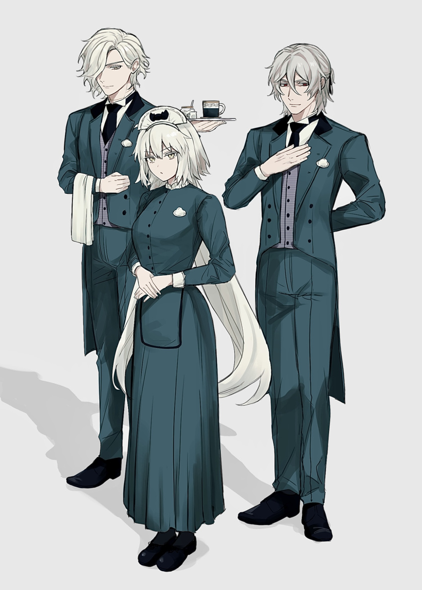 1girl 2boys alternate_costume antonio_salieri_(fate) arms_behind_back badge black_footwear black_necktie breasts buttons coffee_mug collared_shirt commentary_request cup edmond_dantes_(fate) expressionless fate/grand_order fate_(series) frilled_shirt_collar frills full_body green_jacket green_pants green_shirt green_skirt grey_background grey_eyes grey_hair hair_between_eyes hair_over_one_eye hairband hand_on_own_chest hand_up highres holding holding_tray jacket jeanne_d'arc_alter_(fate) light_smile long_hair long_skirt long_sleeves looking_at_viewer mug multiple_boys necktie own_hands_together pants parted_lips red_eyes shadow shirt short_hair sidelocks simple_background skirt split_ponytail sugar_cube sumi_(gfgf_045) towel_on_arm tray unbuttoned very_long_hair white_hairband white_shirt