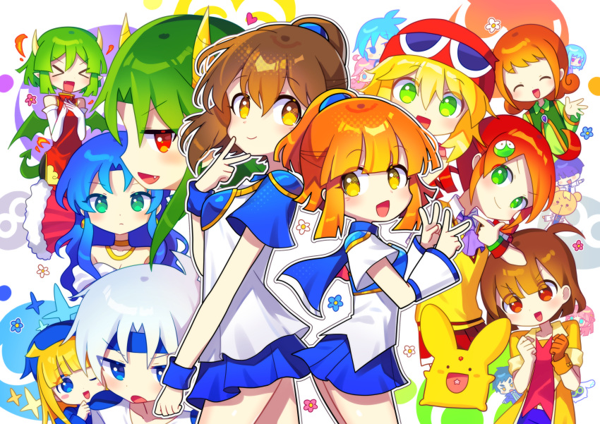 &gt;_&lt; &gt;o&lt; 5boys 6+girls :d absurdres amitie_(puyopuyo) andou_ringo arle_nadja black_pants blonde_hair blue_eyes blue_hair blue_skirt brown_gloves brown_hair carbuncle_(puyopuyo) character_request china_dress chinese_clothes closed_mouth draco_centauros dragon_girl dragon_horns dragon_tail dragon_wings dress drill_hair earrings elbow_gloves fang gloves green_eyes green_hair grey_hair highres horns jewelry long_hair long_sleeves multiple_boys multiple_girls offbeat one_eye_closed open_mouth pants puyopuyo raffina_(puyopuyo) red_dress red_eyes redhead rulue_(puyopuyo) satan_(puyopuyo) schezo_wegey short_hair short_sleeves sig_(puyopuyo) single_glove skirt sleeveless sleeveless_dress smile tail twin_drills v white_gloves wings witch_(puyopuyo) xd