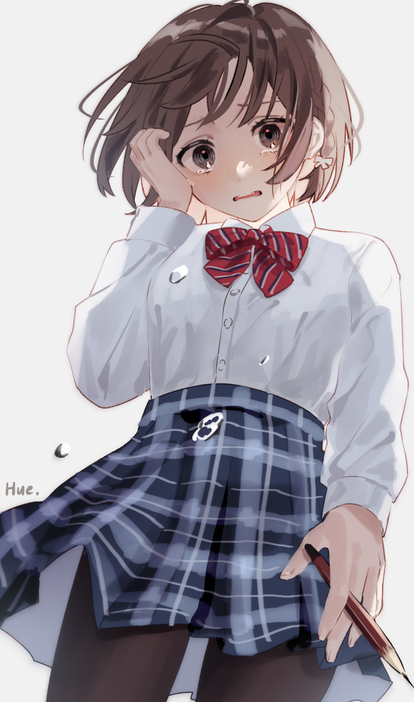 1girl artist_name black_pantyhose blue_skirt blush bow braid brown_eyes brown_hair buttons collared_shirt commentary_request cowboy_shot diagonal-striped_bow flying_teardrops hand_on_own_face highres holding holding_pencil hue_0813 kamiyama_high_school_uniform_(project_sekai) long_sleeves looking_at_viewer looking_down open_mouth pantyhose pencil pleated_skirt project_sekai red_bow school_uniform shinonome_ena shirt shirt_tucked_in side_braid simple_background single_braid skirt solo tears teeth white_background white_shirt wiping_tears wooden_pencil