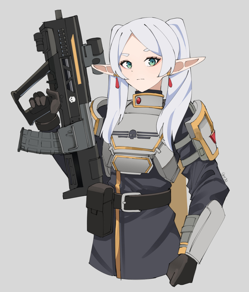 1girl absurdres armor belt belt_buckle belt_pouch breastplate buckle bullpup earrings elf english_commentary frieren gar32 green_eyes grey_background grey_hair gun helldivers_(series) highres holding holding_gun holding_weapon jewelry pointy_ears pouch simple_background solo sousou_no_frieren twintails weapon