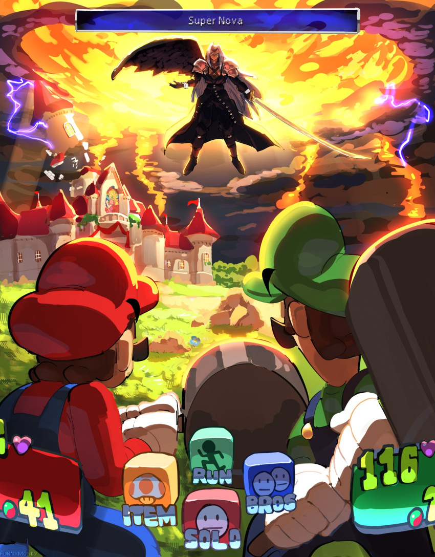 3boys armor black_gloves black_wings castle clouds cloudy_sky crossover english_commentary english_text facial_hair final_fantasy final_fantasy_vii flower funnismonkis gameplay_mechanics gloves grass green_hat grey_hair hammer hat highres holding holding_hammer holding_sword holding_weapon long_hair luigi male_focus mario mario_&amp;_luigi_rpg multiple_boys mustache outdoors overalls red_hat rock sephiroth single_wing sky super_mario_bros. sword very_long_hair weapon white_gloves wings