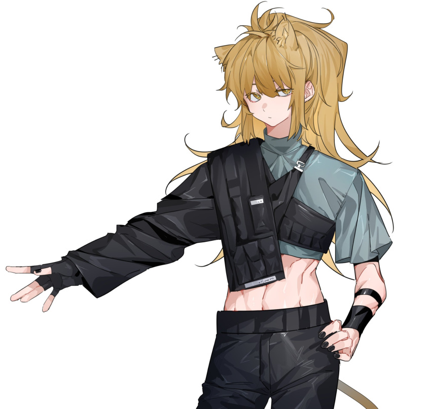 1girl abs animal_ears arknights black_gloves black_nails black_pants blonde_hair closed_mouth commentary_request cowboy_shot crop_top fingerless_gloves gloves grey_shirt hand_on_own_hip highres lion_ears lion_girl lion_tail long_hair looking_at_viewer midriff molu_stranger pants ponytail shirt siege_(arknights) siege_(city_destroyer)_(arknights) simple_background single_sleeve solo tail white_background wristband yellow_eyes