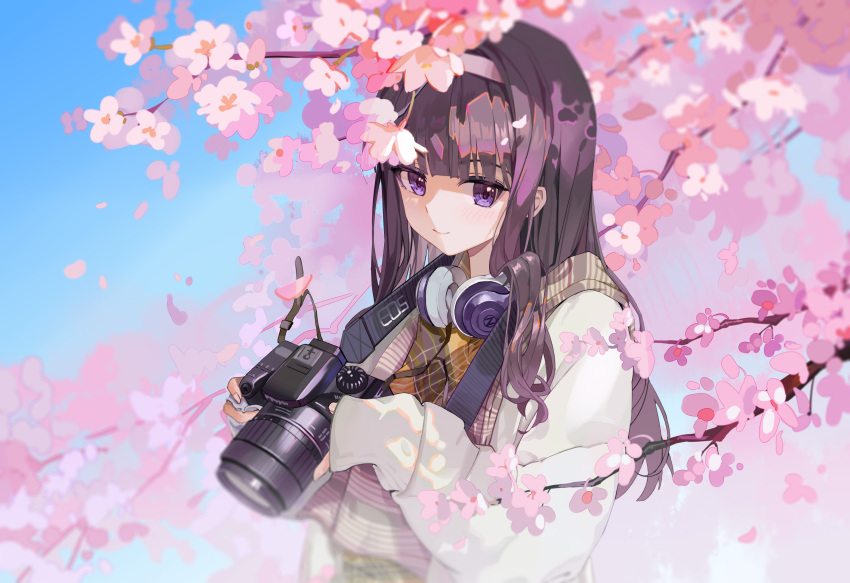 1girl blue_sky blunt_bangs blurry blush branch brown_hair camera cardcaptor_sakura cherry_blossoms daidouji_tomoyo day falling_petals fingernails flower hairband headphones headphones_around_neck highres holding holding_camera long_hair long_sleeves looking_at_viewer outdoors petals pink_flower pink_petals scarf shi_classmate sky smile solo spring_(season) sweater upper_body violet_eyes white_hairband white_sweater