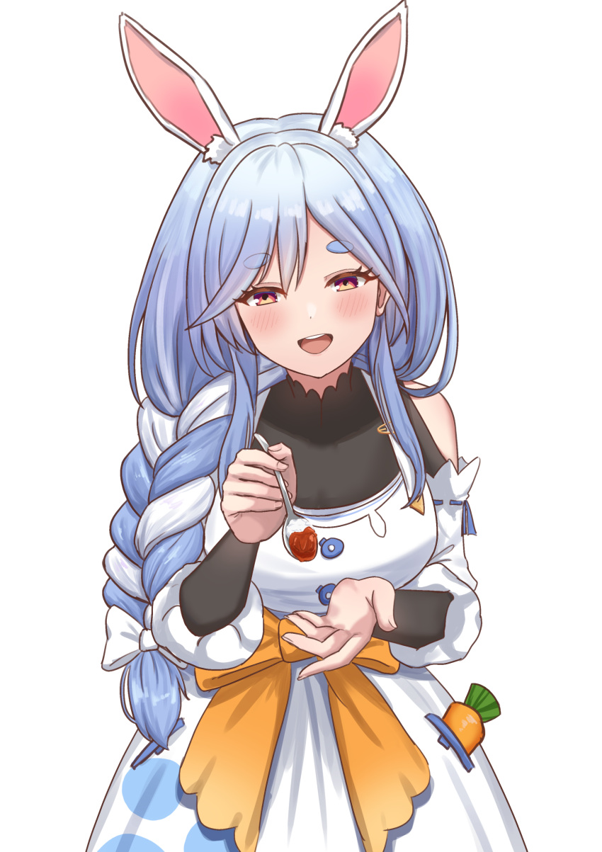1girl absurdres animal_ear_fluff animal_ears blue_hair blush braid braided_ponytail breasts curry food highres holding holding_spoon hololive incoming_food long_hair looking_at_viewer mature_female multicolored_hair open_mouth pekomama rabbit_ears rabbit_girl sharkudon short_eyebrows smile solo spoon thick_eyebrows virtual_youtuber white_hair