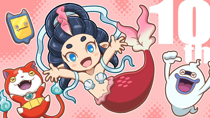 &gt;_&lt; 1girl blue_eyes blue_lips blush fang fangs flame-tipped_tail floating ghost haramaki highres jibanyan looking_at_viewer mermaid monster_girl multiple_tails navel nazca_(rapid-rabbit's) ningyo_(youkai_watch) no_pupils notched_ear open_mouth shell shell_bikini tablet_pc tail two_tails whisper_(youkai_watch) youkai_(youkai_watch) youkai_pad youkai_watch
