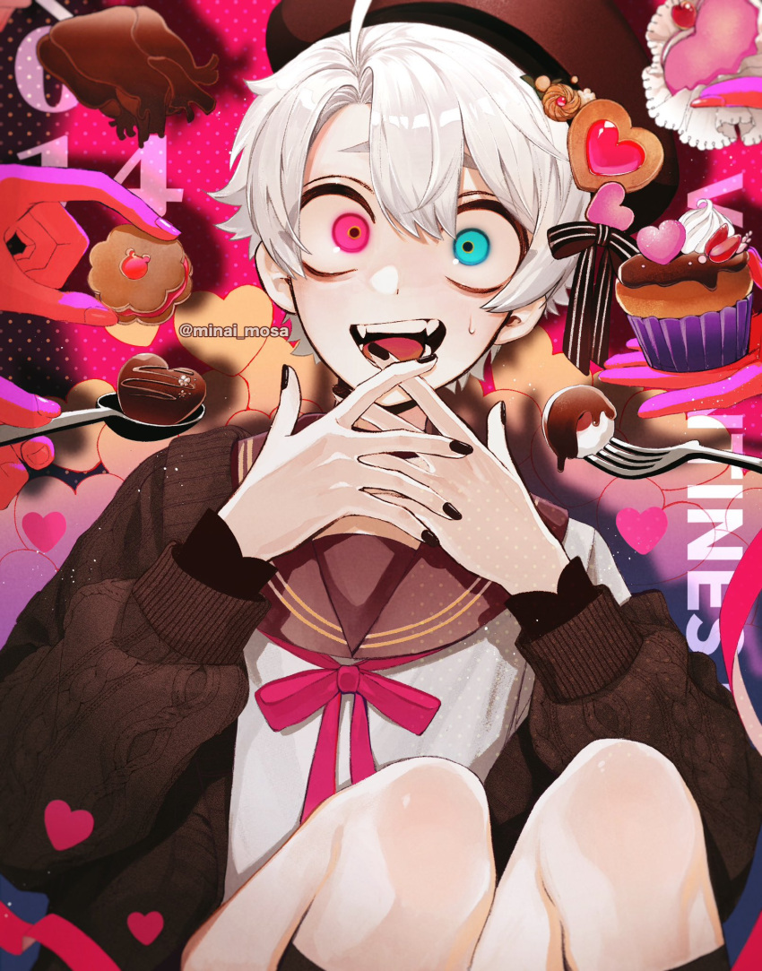 1boy ahoge artist_name black_nails blue_eyes brown_hat brown_sailor_collar brown_serafuku brown_sweater candy chocolate commentary crossdressing cupcake disembodied_limb fangs feeding food fork hair_between_eyes hands_up heart heart-shaped_chocolate highres holding holding_food holding_fork holding_spoon knees_up long_sleeves looking_at_viewer maddy_(minai_mosa) male_focus minai_mosa neck_ribbon open_mouth original pink_background pink_eyes pink_ribbon ribbon sailor_collar school_uniform serafuku shirt sitting solo spoon sweater symbol-only_commentary twitter_username upper_body valentine white_hair white_shirt