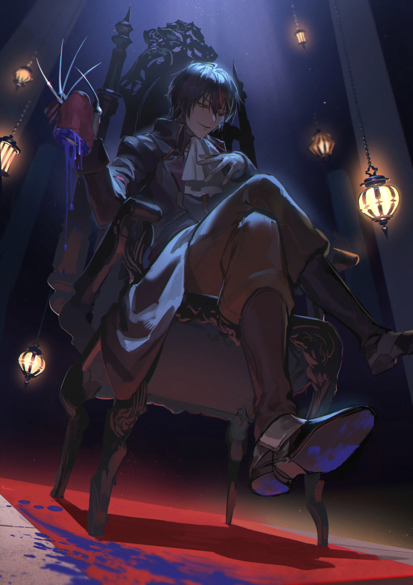 1boy ascot black_footwear black_hair black_sclera blood blood_drip blood_splatter blue_blood claw_(weapon) claws colored_sclera commentary_request crossed_legs diablo_(tensei_shitara_slime_datta_ken) from_below full_body hanging_lantern high_collar highres indoors lamp light light_particles long_sleeves looking_at_viewer male_focus on_chair red_carpet rosetta_tailor short_hair sitting smile solo splatter tensei_shitara_slime_datta_ken throne weapon white_ascot yellow_eyes
