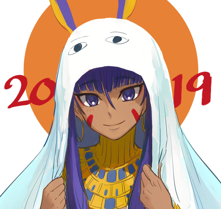 1girl 2019 animal_ears b_suke blush closed_mouth dark-skinned_female dark_skin facial_mark fate/grand_order fate_(series) gold_necklace highres jewelry long_hair looking_at_viewer necklace new_year nitocris_(fate) nitocris_(swimsuit_assassin)_(fate) portrait purple_hair simple_background smile solo violet_eyes