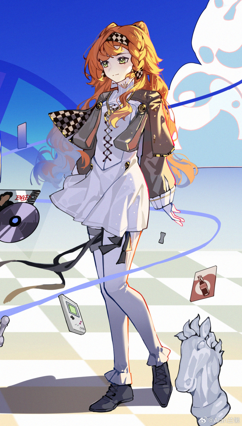 alan_lan_lan black_bow blue_sky bow braided_sidelock checkered_floor checkered_hairband chess_piece closed_mouth clouds collared_dress cropped dress full_body game_boy game_boy_(original) gloves green_eyes grey_cloak grey_footwear grey_sleeves handheld_game_console high_collar highres knight_(chess) long_hair long_sleeves microsoft_windows orange_hair pants pants_under_dress puffy_long_sleeves puffy_sleeves record record_jacket reverse:1999 short_dress sky smile sonetto_(reverse:1999) standing thigh_bow two_side_up weibo_logo weibo_watermark white_dress white_gloves white_pants