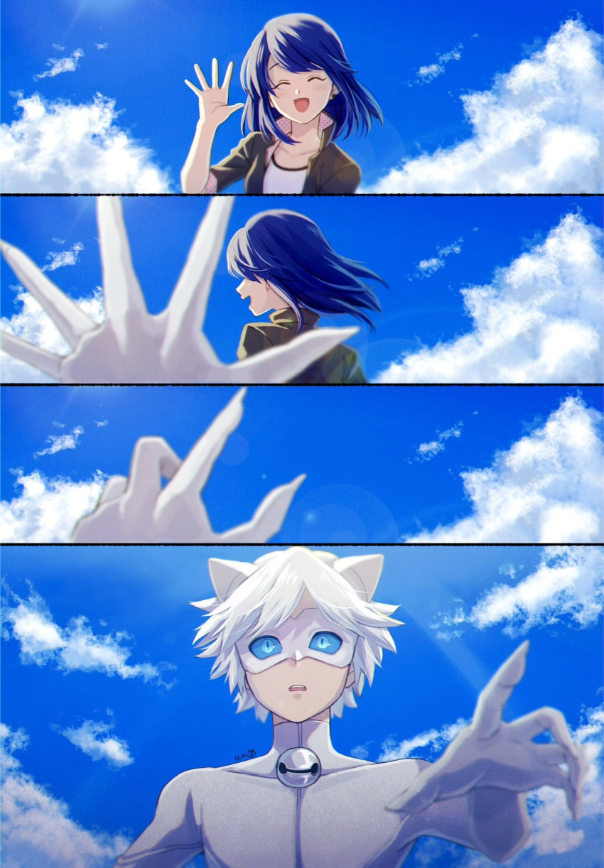 1boy 1girl adrien_agreste animal_ears bell blue_hair blue_sky bodysuit cat_boy cat_ears chat_blanc closed_eyes clouds cloudy_sky highres hm89509321 jingle_bell marinette_dupain-cheng mask miraculous_ladybug open_mouth sky slit_pupils smile superhero_costume white_bodysuit white_hair white_mask