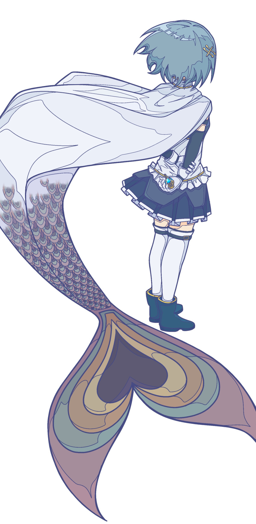 1girl absurdres arms_behind_back blue_hair boots cape fellatio from_behind full_body gloves hair_ornament highres holding_own_arm lin_ye_shi_(cool_face) magical_girl mahou_shoujo_madoka_magica mahou_shoujo_madoka_magica_(anime) miki_sayaka oktavia_von_seckendorff oral pleated_skirt short_hair simple_background skirt solo soul_gem standing thigh-highs white_background witch_(madoka_magica)