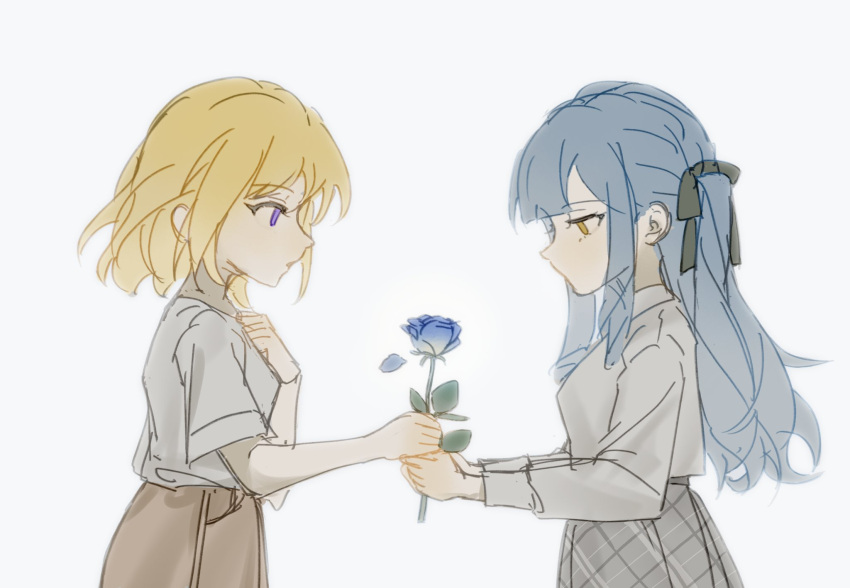 2girls bang_dream! bang_dream!_it's_mygo!!!!! black_ribbon blonde_hair blue_flower blue_hair blue_rose brown_skirt commentary flower from_side grey_background grey_skirt hair_ribbon hashtag-only_commentary highres holding holding_flower long_sleeves medium_hair misumi_uika multiple_girls parted_lips profile ribbon rose shirt short_sleeves simple_background skirt togawa_sakiko two_side_up violet_eyes white_shirt yellow_eyes zhao_yifei