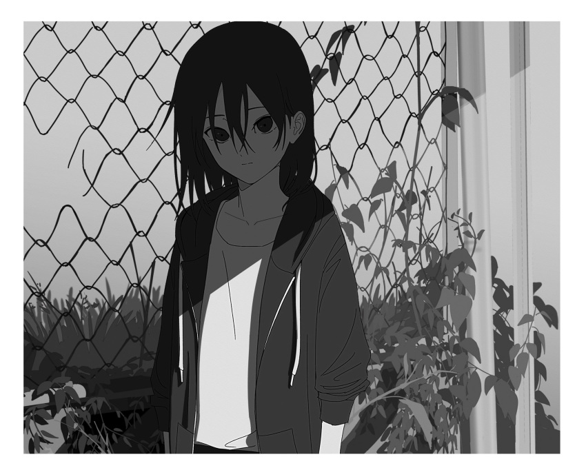 1boy :| arms_at_sides border chain-link_fence closed_mouth drawstring expressionless fence grass greyscale hair_between_eyes highres hood hood_down hooded_jacket ivy jacket karoki_9 long_hair looking_at_viewer male_focus monochrome open_clothes open_jacket original outdoors plant shadow shirt sidelocks sleeves_pushed_up solo white_border