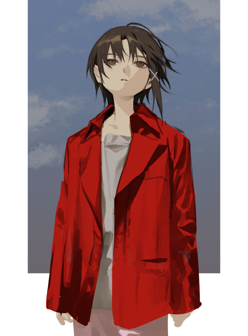 1girl absurdres arms_at_sides blue_sky border brown_eyes brown_hair clouds commentary hair_ornament hair_ribbon highres iwakura_lain jacket long_sleeves open_clothes open_jacket parted_lips pink_skirt red_jacket ribbon romaji_commentary serial_experiments_lain shirt single_sidelock skirt sky sleeves_past_wrists solo standing temu_(tem27) white_border white_ribbon white_shirt wind x_hair_ornament