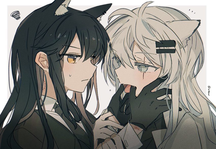 2girls alternate_costume animal_ear_fluff animal_ear_piercing animal_ears annoyed antenna_hair arknights artist_name bite_mark bite_mark_on_hand bite_mark_on_neck black_gloves black_hair black_jacket black_necktie black_shirt blue_eyes border brown_hair closed_mouth collared_shirt colored_inner_hair dress_shirt extra_ears eye_contact fangs finger_in_another's_mouth from_side gloves grey_background grey_eyes grey_hair hair_between_eyes hair_flowing_over hair_ornament hairclip half-closed_eyes hands_on_another's_arms hands_up high_collar jacket lappland_(arknights) layered_sleeves light_blush long_hair long_sleeves looking_at_another messy_hair multicolored_hair multiple_girls necktie notice_lines open_mouth orange_eyes outside_border pale_skin portrait profile scar scar_across_eye scar_on_face seri_(vyrlw) shadow shirt sidelocks squiggle straight_hair sweatdrop swept_bangs texas_(arknights) tongue twitter_username two-tone_eyes two-tone_hair white_border white_jacket white_shirt wing_collar wolf_ears wolf_girl yuri