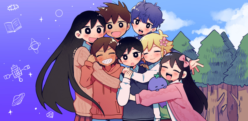 2girls 5boys aged_down alternate_costume alternate_sleeve_length antenna_hair aubrey_(faraway)_(omori) aubrey_(omori) basil_(faraway)_(omori) basil_(omori) black_eyes black_hair black_sweater_vest blonde_hair blue_hair blue_pants blue_shirt blue_sky blush bow bright_pupils brother_and_sister brothers brown_hair closed_eyes closed_mouth clouds collared_shirt day denim green_sweater_vest grin group_hug hair_behind_ear hair_between_eyes hair_bow hand_on_another's_arm hand_on_another's_shoulder hand_on_another's_wrist hero_(faraway)_(omori) hero_(omori) holding holding_stuffed_toy hood hood_down hoodie hug jack-o'_ran-tan jacket jeans kel_(faraway)_(omori) kel_(omori) long_hair long_sleeves looking_at_another looking_at_viewer mari_(faraway)_(omori) mari_(omori) multiple_boys multiple_girls omori open_clothes open_jacket open_mouth outdoors outstretched_hand pants pink_bow pink_jacket purple_sky red_hoodie red_skirt red_sweater shirt short_hair siblings skirt sky smile sparkle striped_clothes striped_shirt stuffed_eggplant stuffed_toy sunny_(omori) sweater sweater_vest tan teeth tree turtleneck upper_teeth_only v-shaped_eyebrows white_pupils white_shirt yuusuke-kun