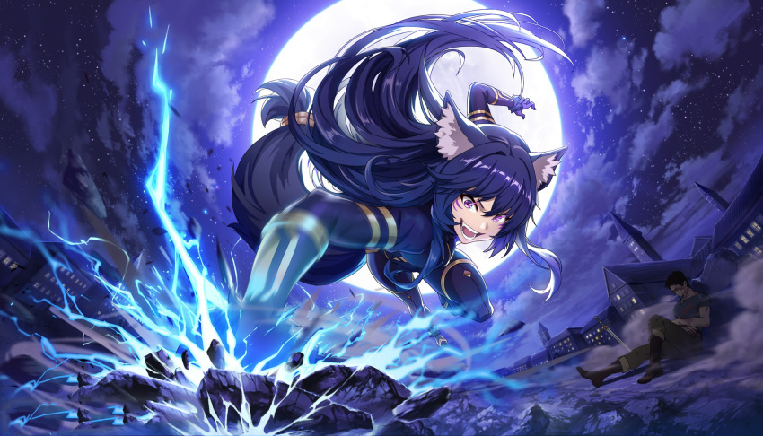 1boy 1girl animal_ear_fluff animal_ears black_coat black_footwear black_gloves black_hair black_pants blood blood_on_arm blood_on_clothes blood_on_face boots breasts clouds cloudy_sky coat commentary crazy_smile defeat delta_(kage_no_jitsuryokusha_ni_naritakute!) dust elbow_gloves electricity english_commentary facial_mark fangs fe626 floating_hair full_moon fur-trimmed_gloves fur_trim gloves glowing glowing_eyes ground_pound hair_between_eyes highres kage_no_jitsuryokusha_ni_naritakute! long_hair medium_breasts moon night night_sky open_mouth outdoors pants planted planted_sword punching rubble short_hair sky smile solo_focus sword tail violet_eyes weapon wolf_ears wolf_girl wolf_tail