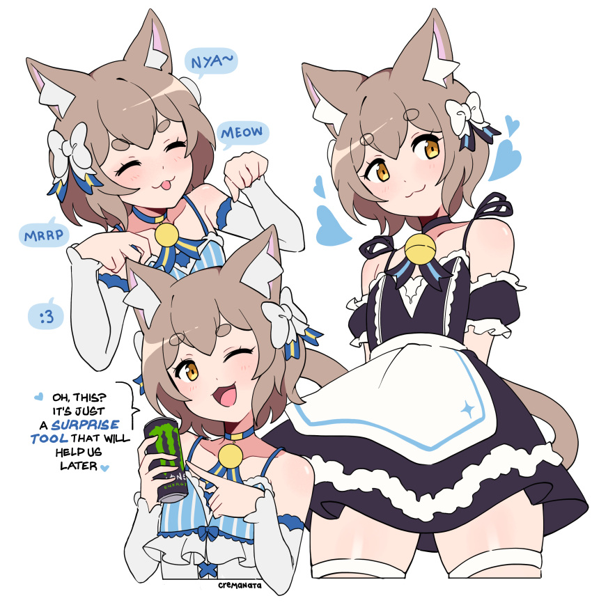 1boy :3 :p absurdres alternate_costume animal_ears apron arm_garter arms_behind_back artist_name bare_shoulders bell black_choker black_dress blue_choker blush bow brown_eyes brown_hair can cat_boy cat_ears cat_tail choker closed_eyes closed_mouth cremanata cropped_legs cropped_torso crossdressing detached_sleeves dot_nose dress dress_bow energy_drink english_text enmaided felix_argyle flat_chest hair_between_eyes hair_bow heart highres holding holding_can jingle_bell looking_at_viewer looking_to_the_side maid male_focus monster_energy multiple_views neck_bell one_eye_closed open_mouth otoko_no_ko paw_pose pointing re:zero_kara_hajimeru_isekai_seikatsu short_eyebrows short_hair sleeveless sleeveless_dress smile speech_bubble striped_clothes striped_dress tail thick_eyebrows thigh-highs tongue tongue_out vertical-striped_clothes vertical-striped_dress waist_apron white_apron white_background white_bow white_sleeves white_thighhighs