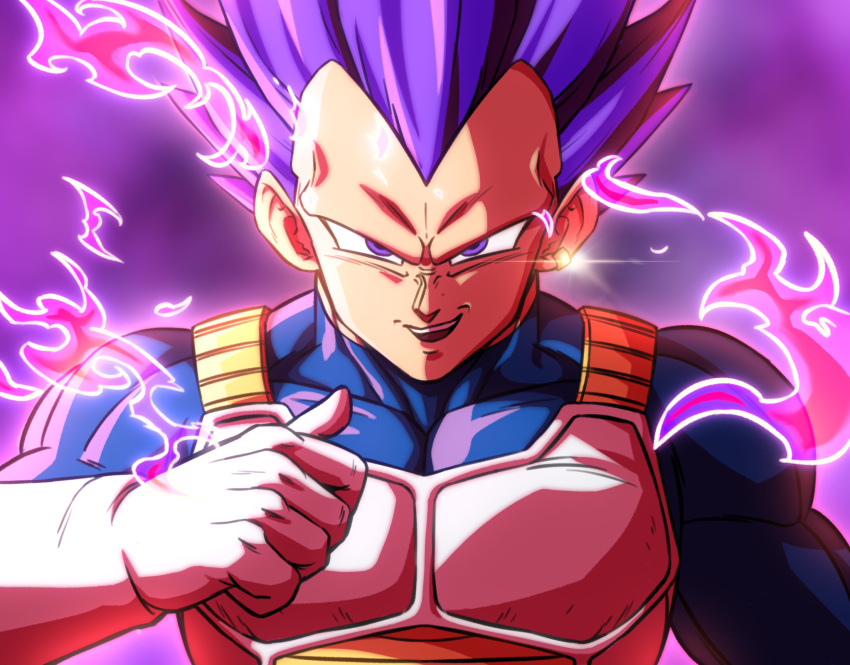 1boy armor aura blue_bodysuit bodysuit breastplate close-up dragon_ball dragon_ball_super food highres looking_at_viewer muscular no_eyebrows pea-bean pointing pointing_at_self pointing_with_thumb purple_background purple_hair saiyan_armor scene_reference skin_tight smirk ultra_ego_(dragon_ball) upper_body vegeta violet_eyes white_armor
