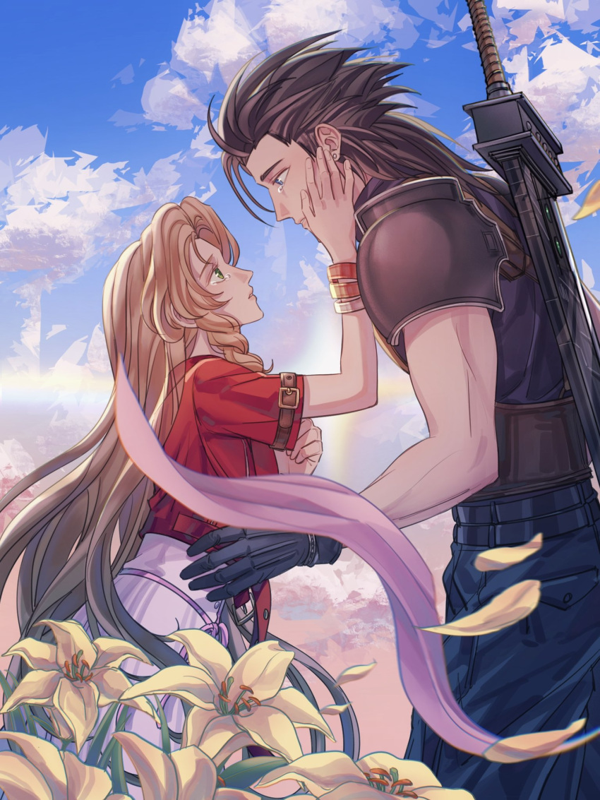 1boy 1girl aerith_gainsborough armor bangle black_gloves black_hair blue_eyes blue_sky bracelet brown_hair buster_sword clouds cloudy_sky commentary couple cowboy_shot crisis_core_final_fantasy_vii dress earrings english_commentary falling_petals final_fantasy final_fantasy_vii final_fantasy_vii_rebirth final_fantasy_vii_remake flower from_side gloves green_eyes hair_slicked_back hand_on_another's_face height_difference highres jacket jewelry long_hair looking_at_another parted_lips petals pink_dress pink_ribbon red_jacket ribbon short_sleeves shoulder_armor sky sleeveless sleeveless_turtleneck spiky_hair stud_earrings sweater sylvthea tears turtleneck turtleneck_sweater yellow_flower zack_fair