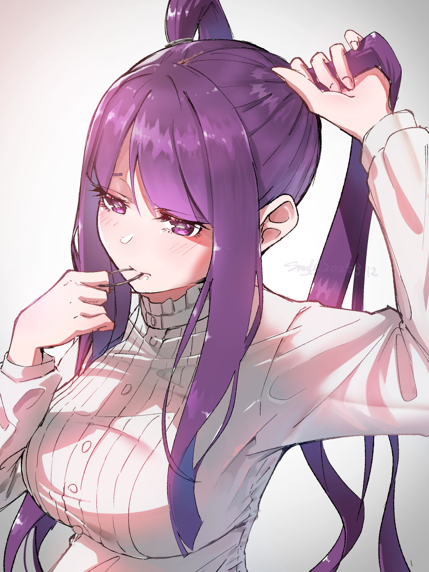 1girl absurdres adjusting_hair alternate_hairstyle arm_up breasts commentary dress fern_(sousou_no_frieren) highres long_hair long_sleeves medium_breasts mouth_hold purple_hair simple_background smile_(qd4nsvik) solo sousou_no_frieren twintails upper_body violet_eyes white_background white_dress