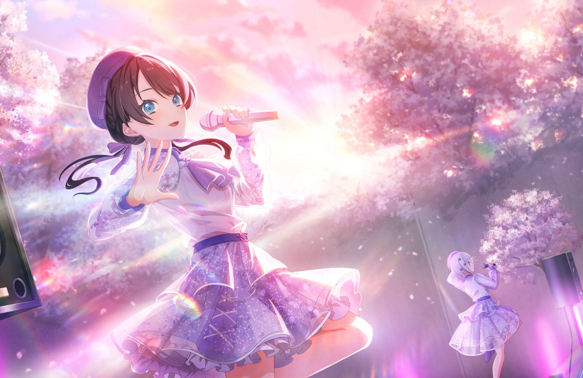 2girls arm_up ascot beret black_hair blue_eyes bob_cut cherry_blossoms collared_shirt diagonal_bangs dress falling_petals floating_hair frilled_skirt frills game_cg grey_hair hair_ornament hair_ribbon hand_up hat highres holding holding_microphone inverted_bob leg_up lens_flare lens_flare_abuse link!_like!_love_live! long_hair long_sleeves looking_at_viewer love_live! low_twintails microphone multicolored_hair multiple_girls murano_sayaka official_art open_hand petals pink_petals pink_sky purple_ascot purple_footwear purple_hat purple_ribbon purple_skirt purple_sleeves red_eyes redhead ribbon see-through see-through_dress shirt short_hair shunshoku_new_days_(love_live!) skirt sky solo_focus speaker standing standing_on_one_leg streaked_hair sun third-party_source twintails virtual_youtuber white_shirt yugiri_tsuzuri