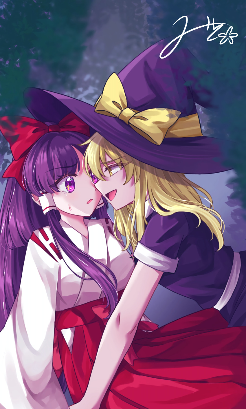 2girls blonde_hair bow dress eye_contact hair_bow hair_tubes hakama hakurei_reimu hakurei_reimu_(pc-98) hat hat_bow highres japanese_clothes kirisame_marisa kirisame_marisa_(pc-98) long_hair long_sleeves looking_at_another miko mito_(fate) multiple_girls open_mouth purple_dress purple_hair purple_hat red_bow red_hakama short_sleeves signature smile sweatdrop touhou touhou_(pc-98) violet_eyes witch_hat yellow_bow yellow_eyes yuri