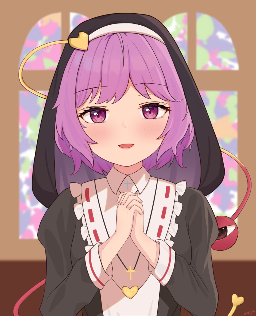 1girl :d blush eyeball habit heart highres indoors juliet_sleeves komeiji_satori long_sleeves looking_back nun open_mouth own_hands_clasped own_hands_together puffy_sleeves purple_hair short_hair smile stained_glass third_eye touhou vallneko violet_eyes