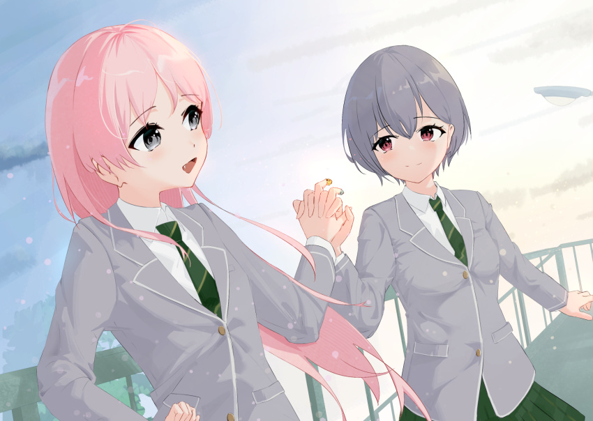 2girls bandaid bandaid_on_hand bang_dream! bang_dream!_it's_mygo!!!!! blazer blush breasts chihaya_anon chinese_commentary closed_mouth collared_shirt commentary_request demonwarlock fang floating_hair green_skirt grey_eyes grey_hair grey_jacket haneoka_school_uniform highres holding_hands interlocked_fingers jacket lamppost long_hair long_sleeves looking_at_another multiple_girls open_mouth pink_hair plaid plaid_skirt pleated_skirt red_eyes school_uniform shirt short_hair skirt small_breasts takamatsu_tomori white_shirt