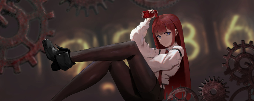 1girl absurdres arm_up black_footwear black_pantyhose black_shorts blue_eyes blurry blurry_background boots can chinese_commentary closed_mouth daisy_(pixiv_44378470) dr_pepper gears highres holding holding_can jacket legs long_hair long_sleeves looking_at_viewer makise_kurisu nixie_tube number_background pantyhose pantyhose_under_shorts redhead shirt shoes short_shorts shorts sitting solo steins;gate straight_hair very_long_hair white_shirt