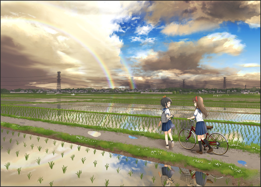 2girls absurdres ankle_socks backpack bag bicycle black_hair black_socks blue_sailor_collar blue_skirt brown_eyes brown_footwear brown_hair closed_eyes clouds cloudy_sky commentary_request double_rainbow hair_ribbon hairband highres holding_strap looking_at_another multiple_girls original pleated_skirt power_lines rainbow red_hairband ribbon rice_paddy sailor_collar scenery school_uniform serafuku shirt short_hair skirt sky socks transmission_tower unfinished walking white_footwear white_shirt wide_shot yutuki_ame