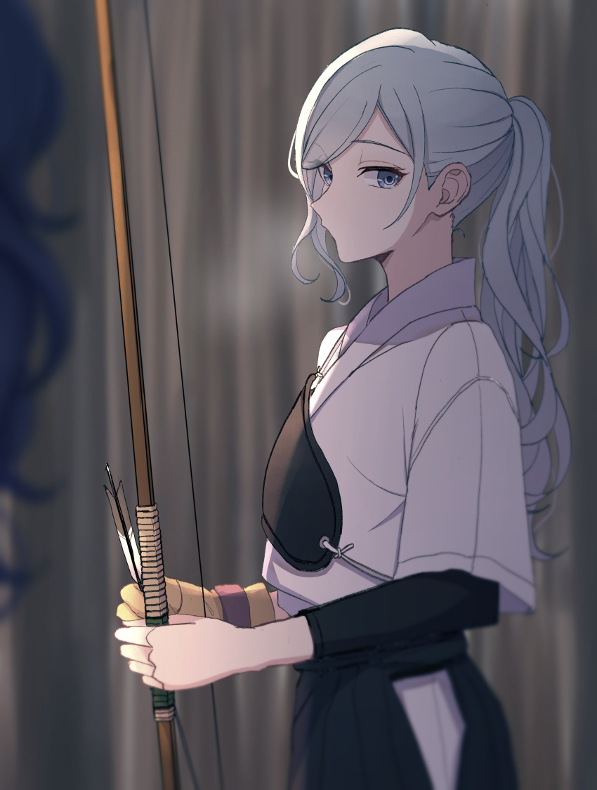 2girls absurdres archery arrow_(projectile) asahina_mafuyu black_skirt bow_(weapon) breath commentary curly_hair doraimon0312 from_side gloves grey_eyes grey_hair hakama hakama_skirt highres hinomori_shizuku holding holding_bow_(weapon) holding_weapon japanese_clothes kyuudou multiple_girls muneate no_mouth partially_fingerless_gloves ponytail project_sekai purple_hair shirt side_slit sidelocks single_glove skirt weapon white_shirt yugake