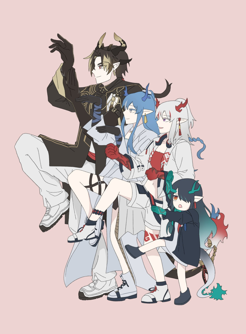1boy 3girls aged_down arknights black_gloves black_hair blue_eyes blue_hair brown_hair character_request chong_yue_(arknights) dragon_boy dragon_horns dragon_tail dusk_(arknights) from_side full_body gloves hair_over_one_eye height_difference highres horns ling_(arknights) multiple_girls open_mouth orange_eyes pointy_ears ppboxz red_gloves simple_background smile tail white_hair
